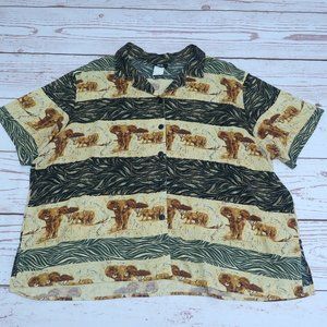 Vintage Topestry Womens Top Shirt XXL Tan Animal Print Elephants Button Down